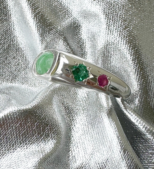 Gracile Signet- Green Jade, Emerald  & pink sapphires